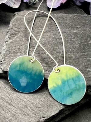 Printed Aluminium and sterling silver long drop earrings - Lime and Blue