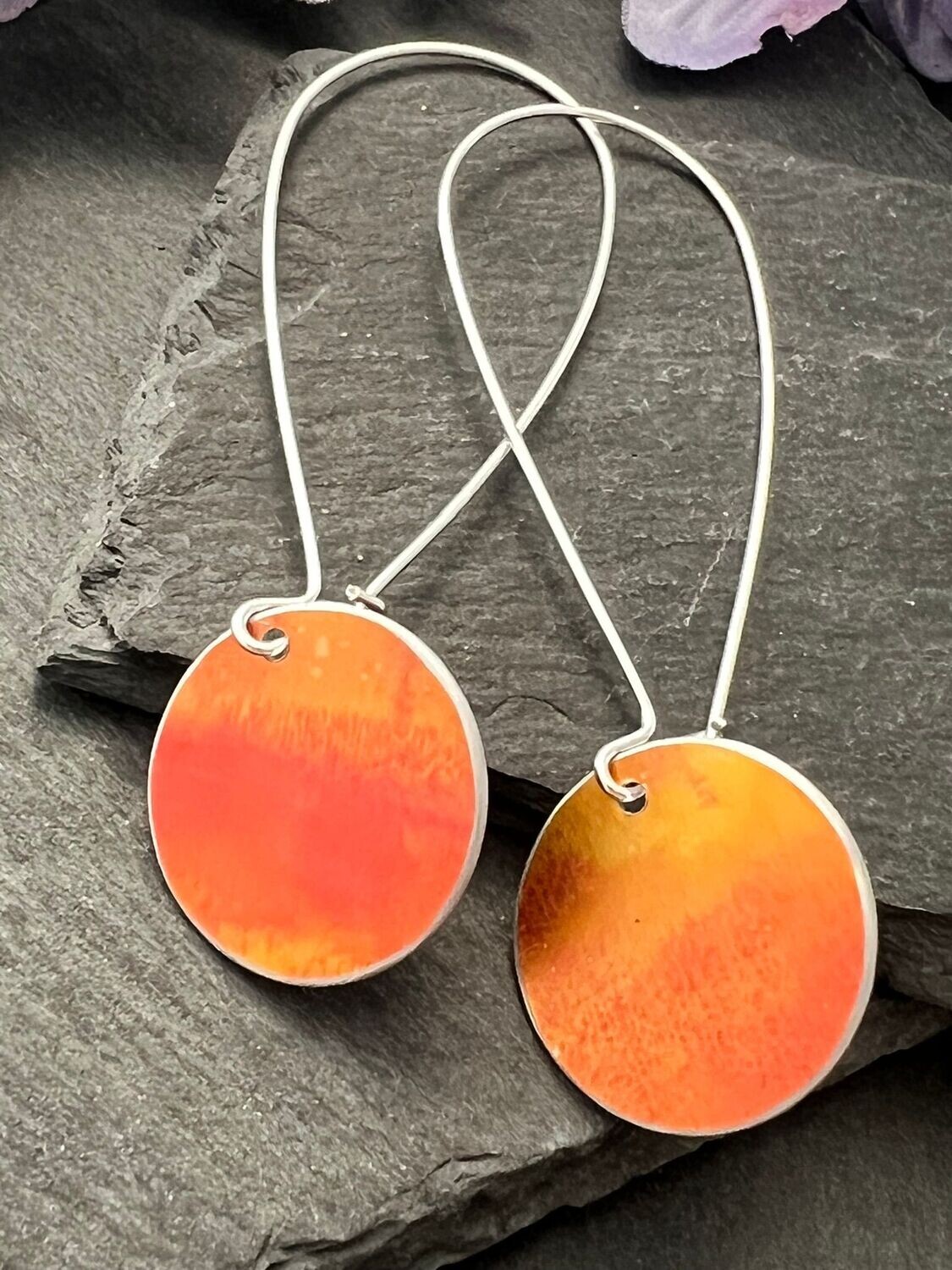 Printed Aluminium and sterling silver long drop earrings - Orange