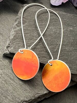 Printed Aluminium and sterling silver long drop earrings - Orange