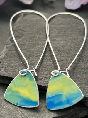 Printed Aluminium and sterling silver long drop earrings - Lime and Blue triangles