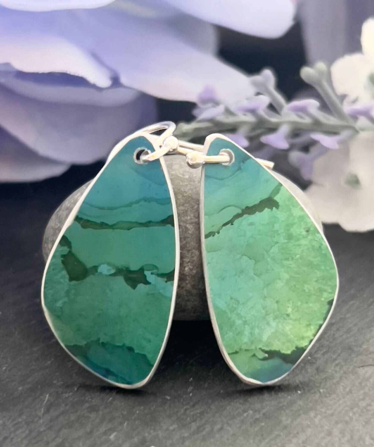 Hand Painted Petal Drop Earrings -  green landscape