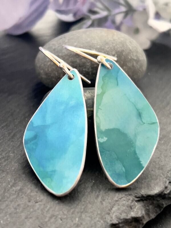 Hand Painted Petal Drop Earrings -  Blue and turquoise water colour