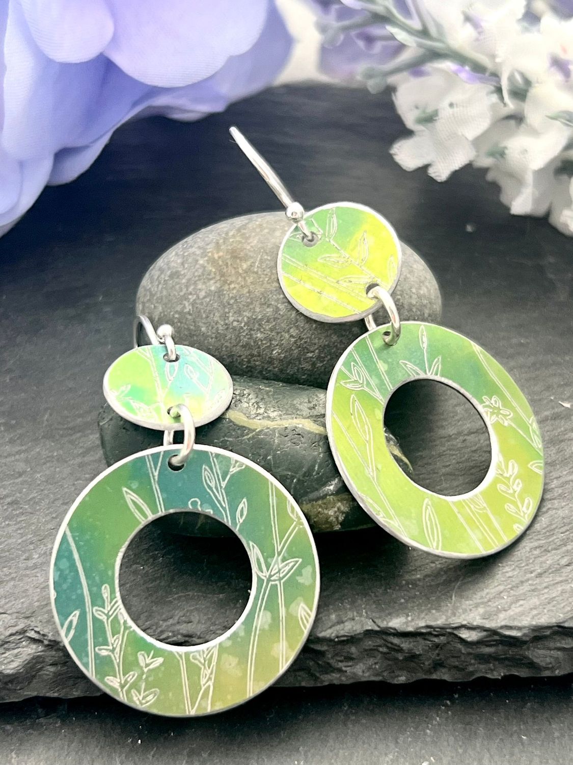 Statement Aluminium Earrings - Lime & Green Botanical Engraving