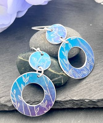 Statement Aluminium Earrings - Blue & Purple  Botanical Engraving