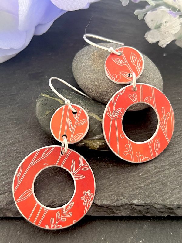 Statement Aluminium Earrings - Orange Botanical Engraving