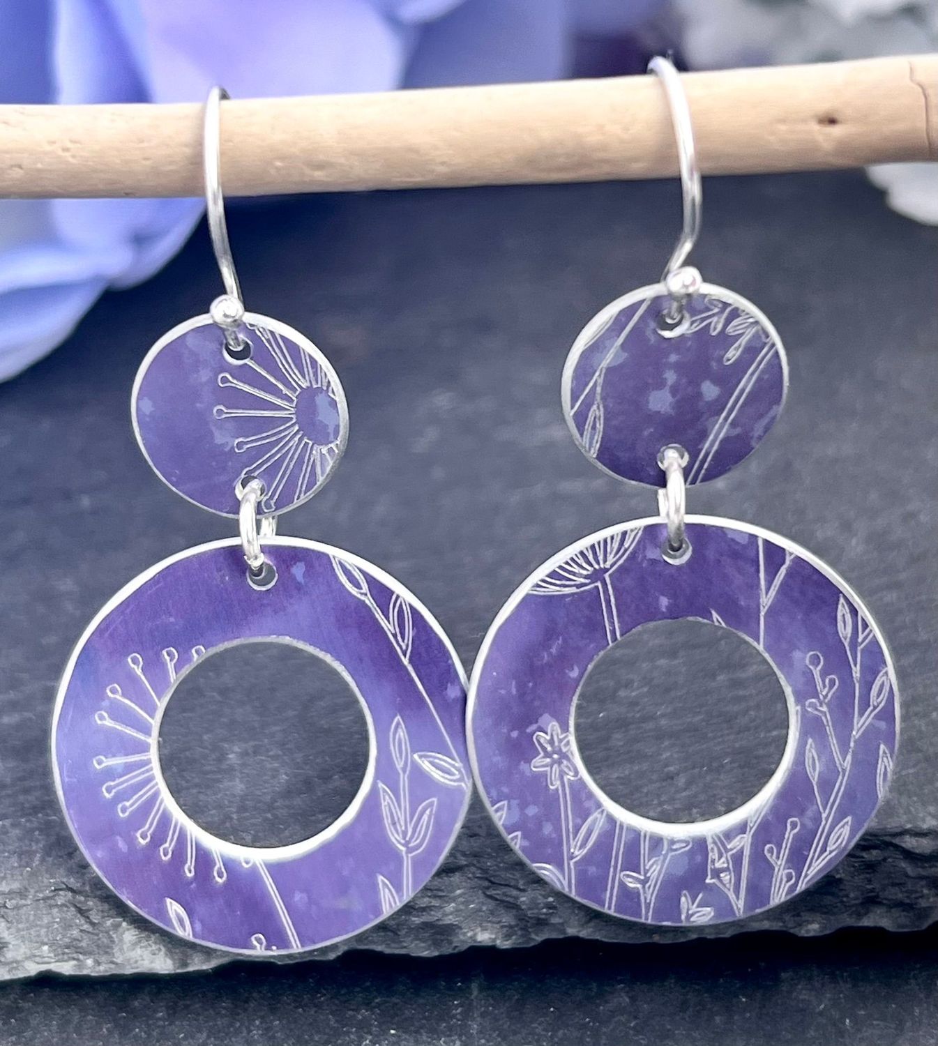 Statement Aluminium Earrings - Purple Botanical Engraving