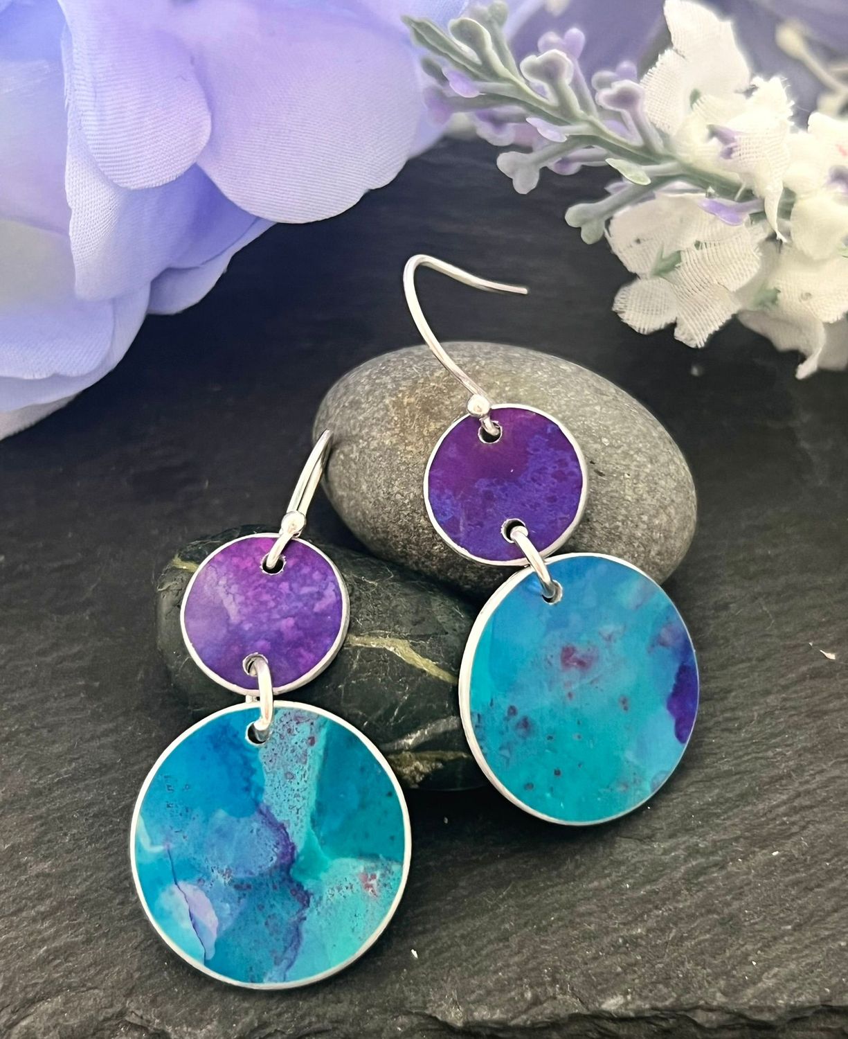 Printed Aluminium and sterling silver drop earrings - Turquoise and Purple