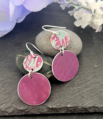 Printed Aluminium and sterling silver drop earrings - duck egg blue and cerise pink