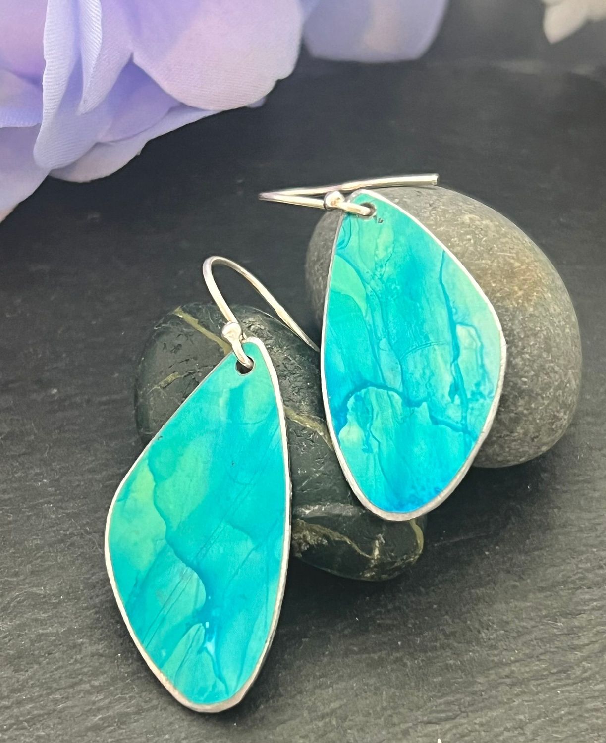 Hand Painted Petal Drop Earrings -  Turquoise water colour