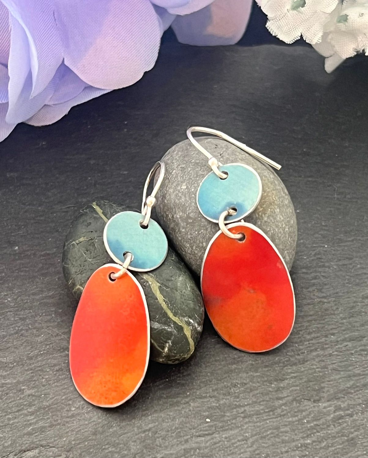 Printed Aluminium and sterling silver drop earrings - Orange and grey/blue