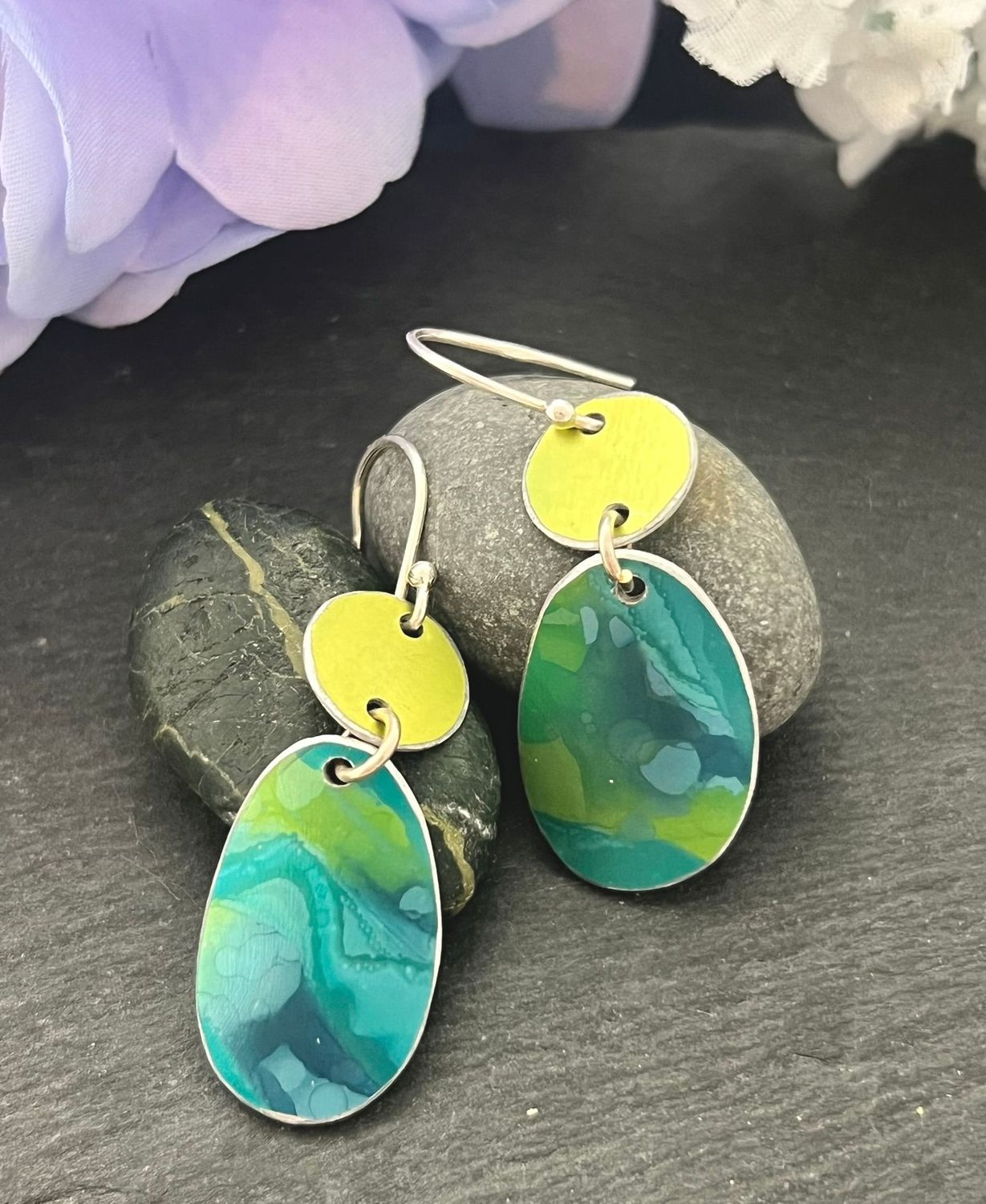 Printed Aluminium and sterling silver drop earrings  Lime, green and teal