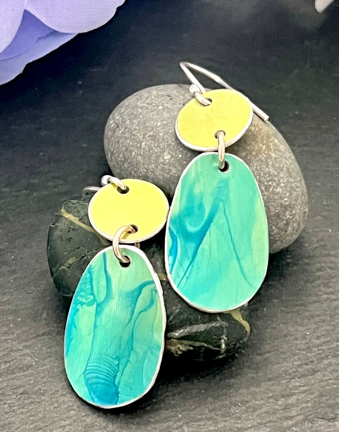 Printed Aluminium and sterling silver drop earrings -lime and turquoise