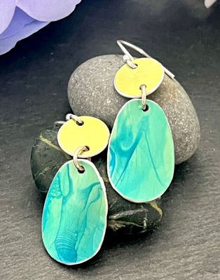 Printed Aluminium and sterling silver drop earrings -lime and turquoise