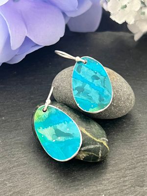 Printed Aluminium and sterling silver drop earrings - Teal/turquoise
