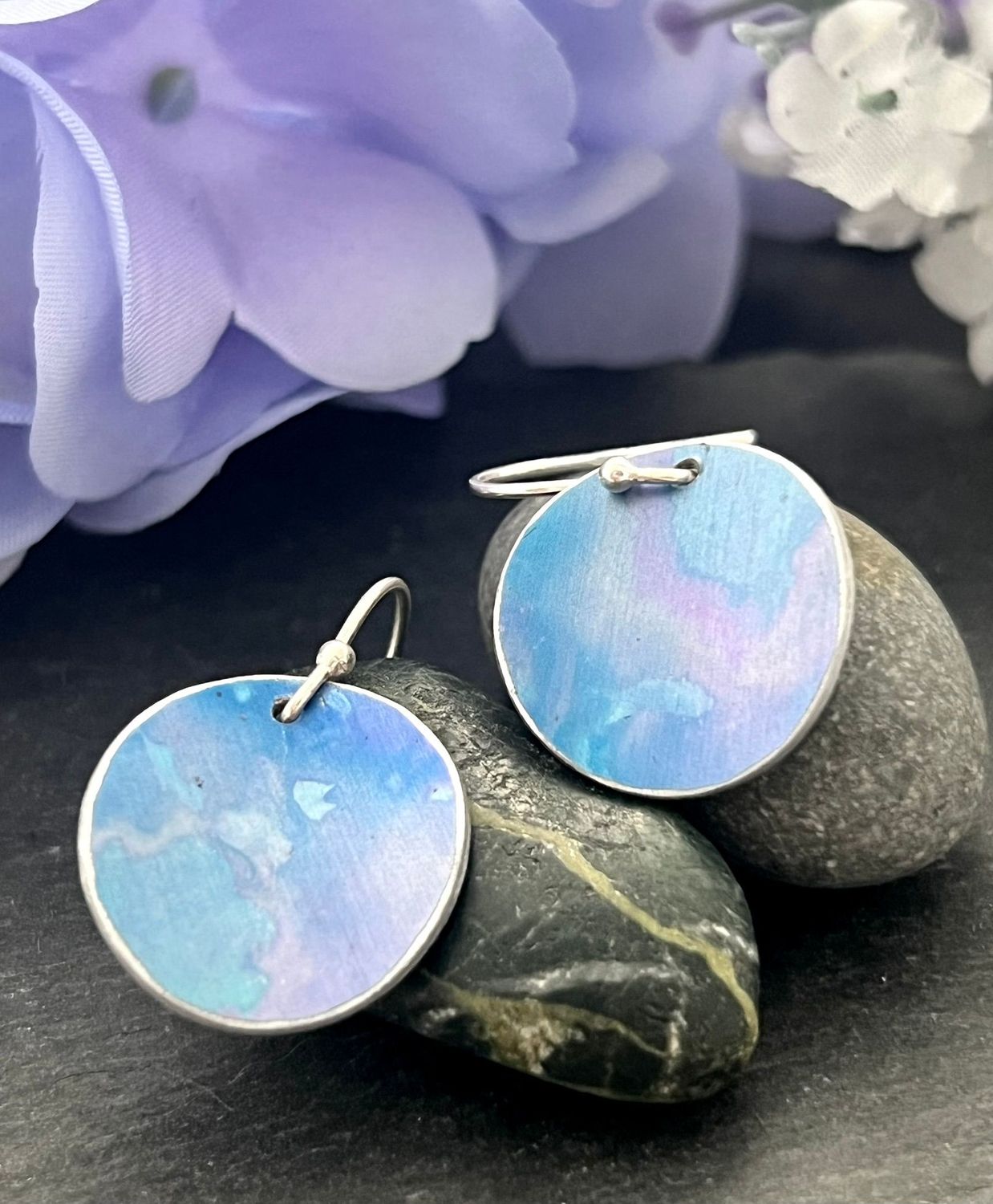 Hand Painted Aluminium  earrings - lilac and blue