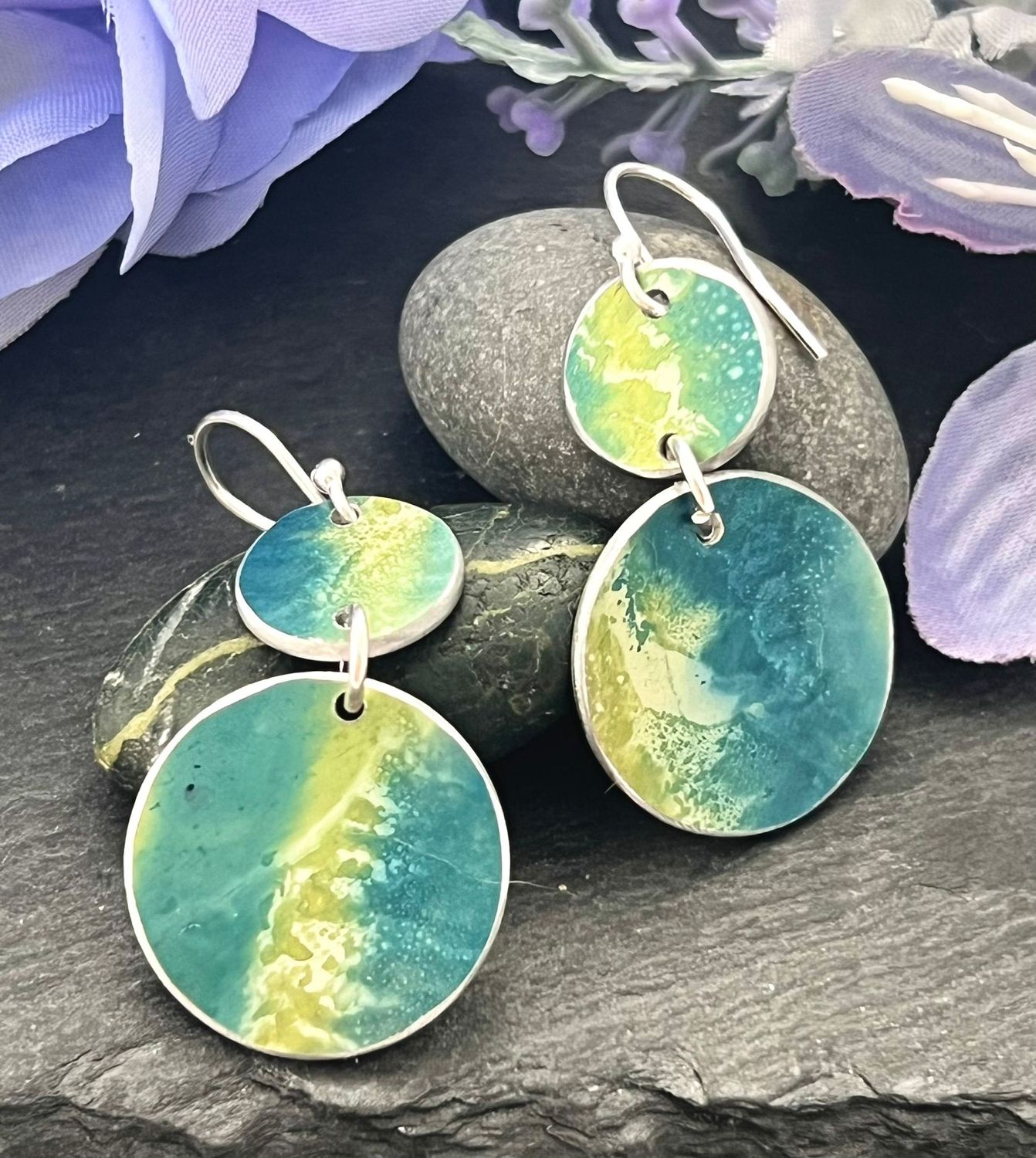 Printed Aluminium and sterling silver drop earrings - Olive and Jade Green