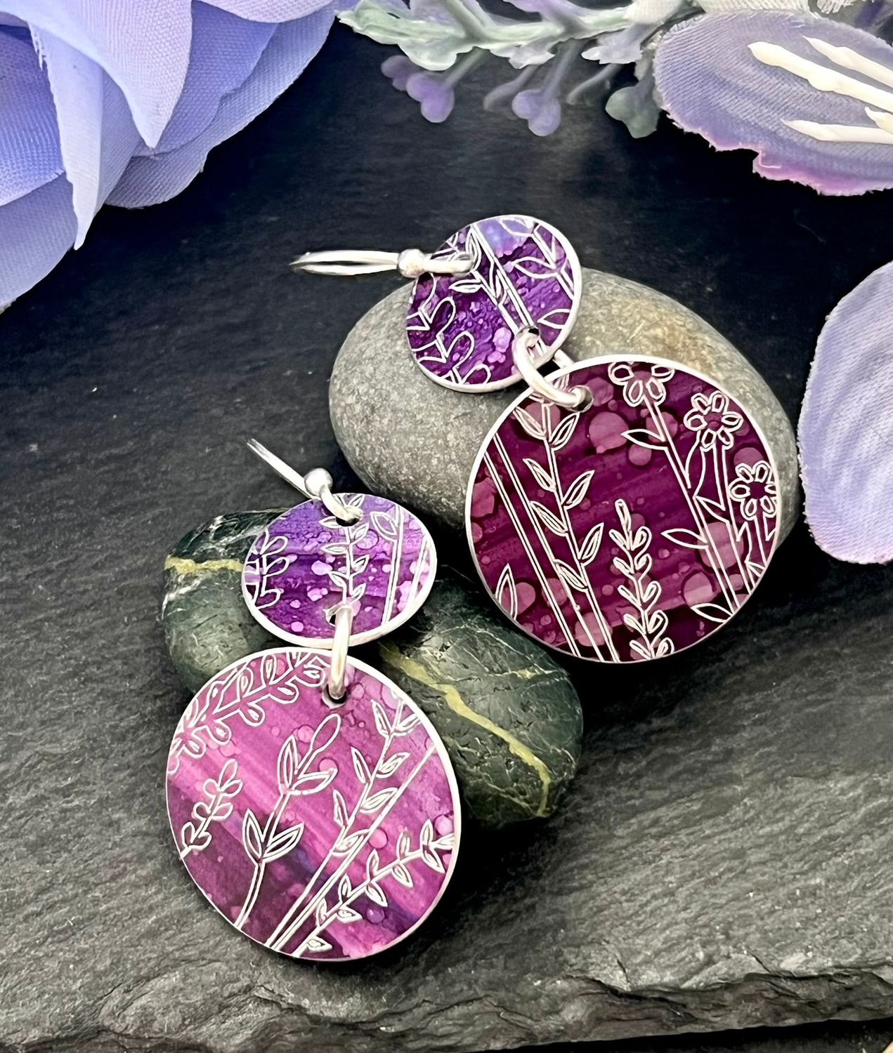 Botanical Engraved Aluminium Earrings - Purple