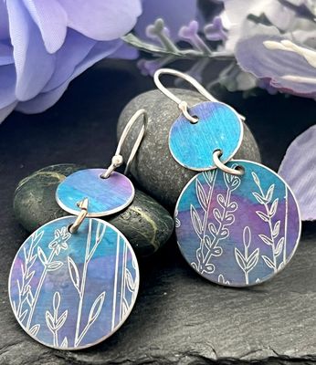 Botanical Engraved Aluminium Earrings - Turquoise and Lilac