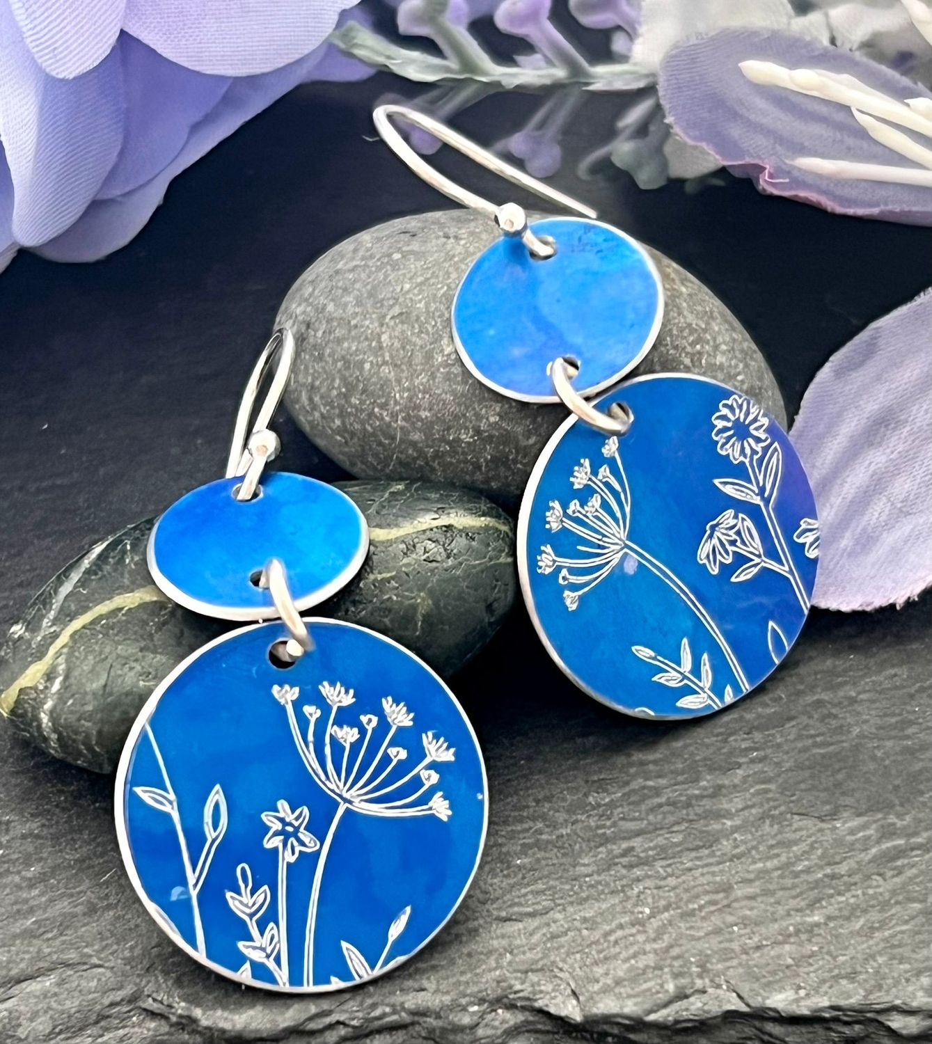 Botanical Engraved Aluminium Earrings - Cornflower Blue