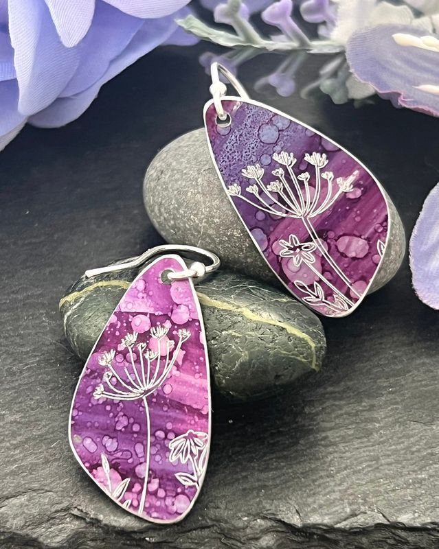 Engraved and Hand Painted Petal Drop Earrings - Purple/Plum