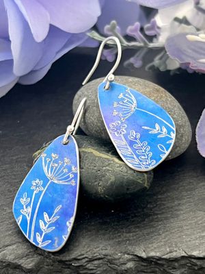 Engraved and Hand Painted Petal Drop Earrings - Cornflower and lilac