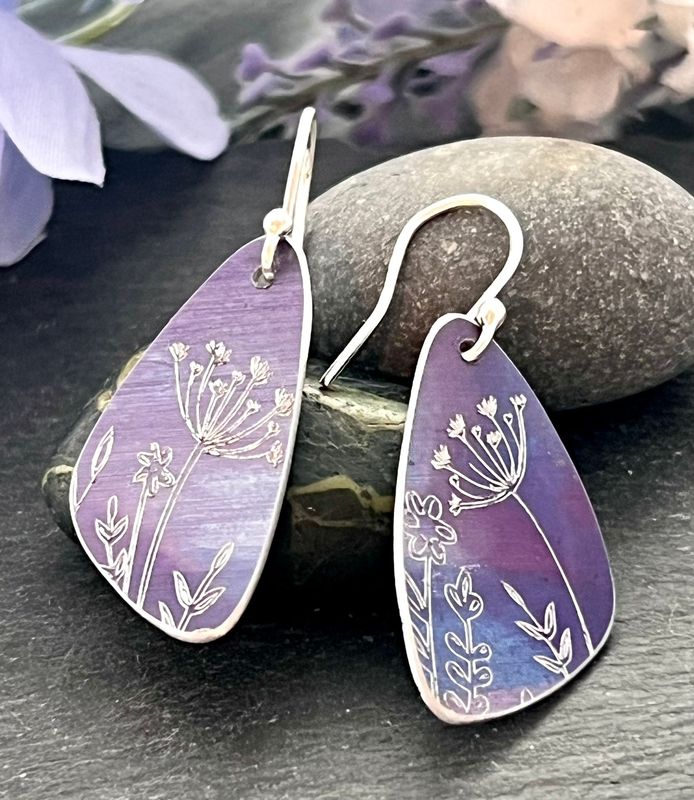 Engraved and Hand Painted Petal Drop Earrings - Purple and Cornflower