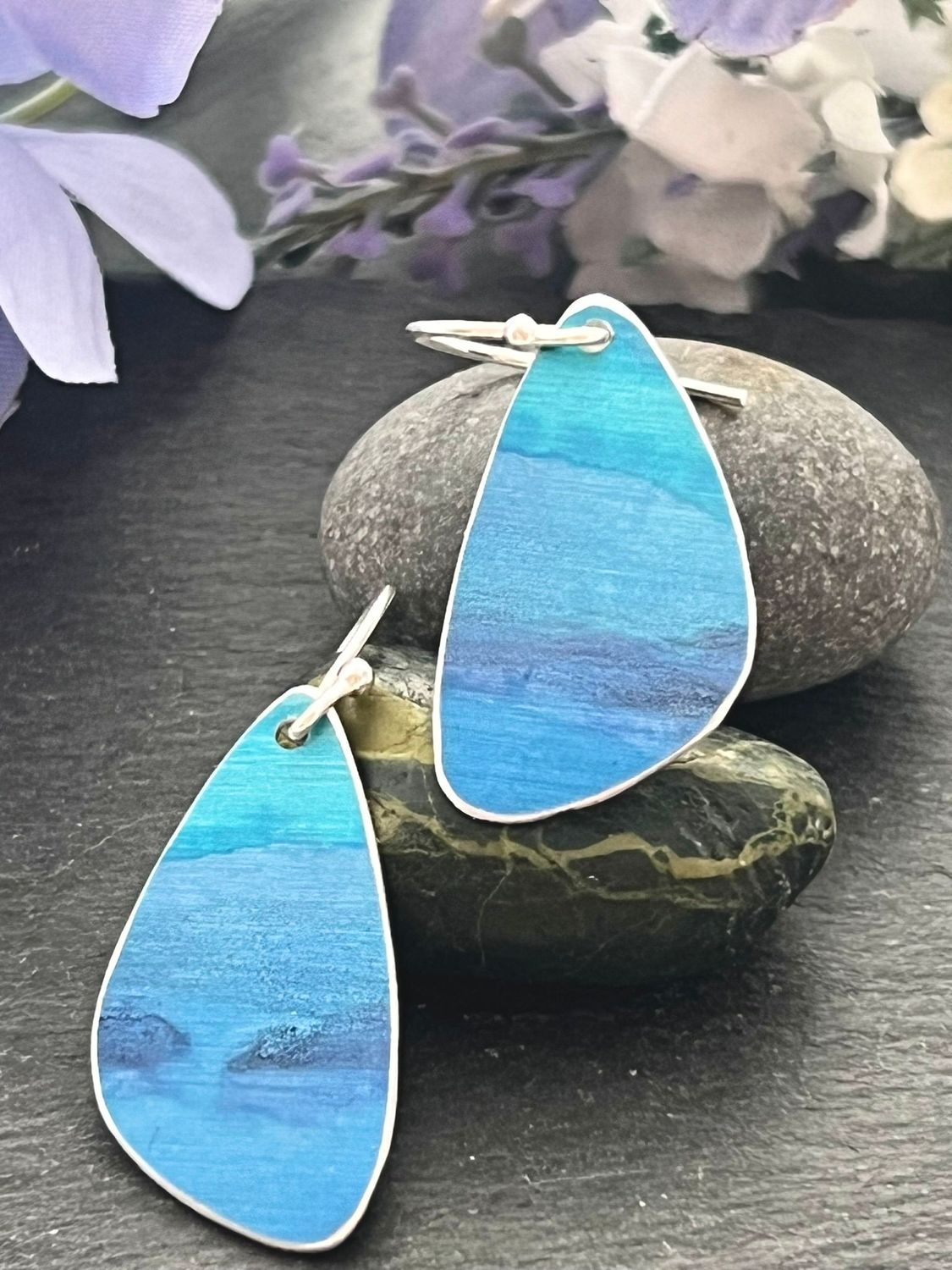Hand Painted Petal Drop Earrings -  Turquoise water colour