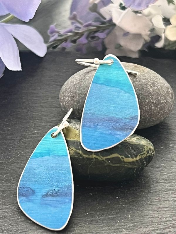 Hand Painted Petal Drop Earrings -  Turquoise water colour