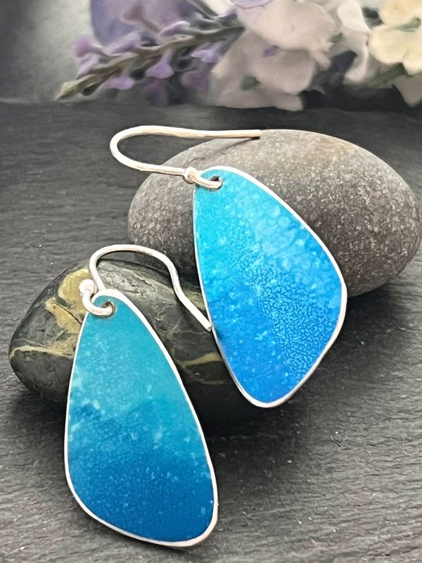 Hand Painted Petal Drop Earrings -  Turquoise Sea Blue