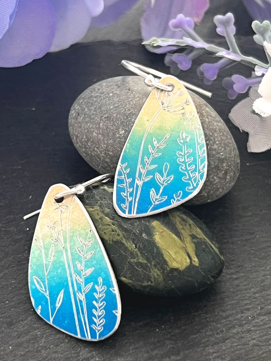 Engraved and Hand Painted Petal Drop Earrings - Yellow, Green and Blue