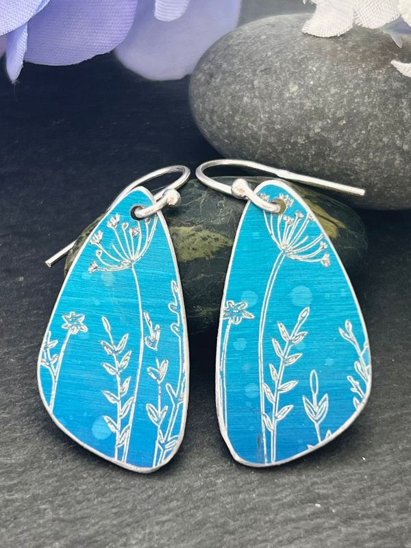 Engraved and Hand Painted Petal Drop Earrings - Blue Botanical Engraving