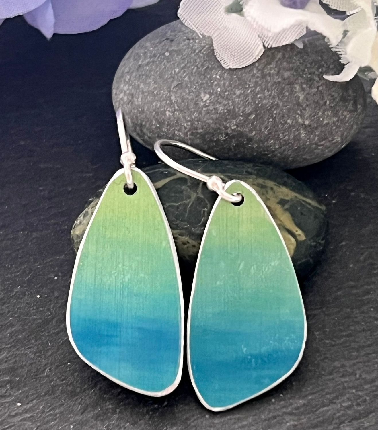 Hand Painted Petal Drop Earrings -  Turquoise and lime water colour