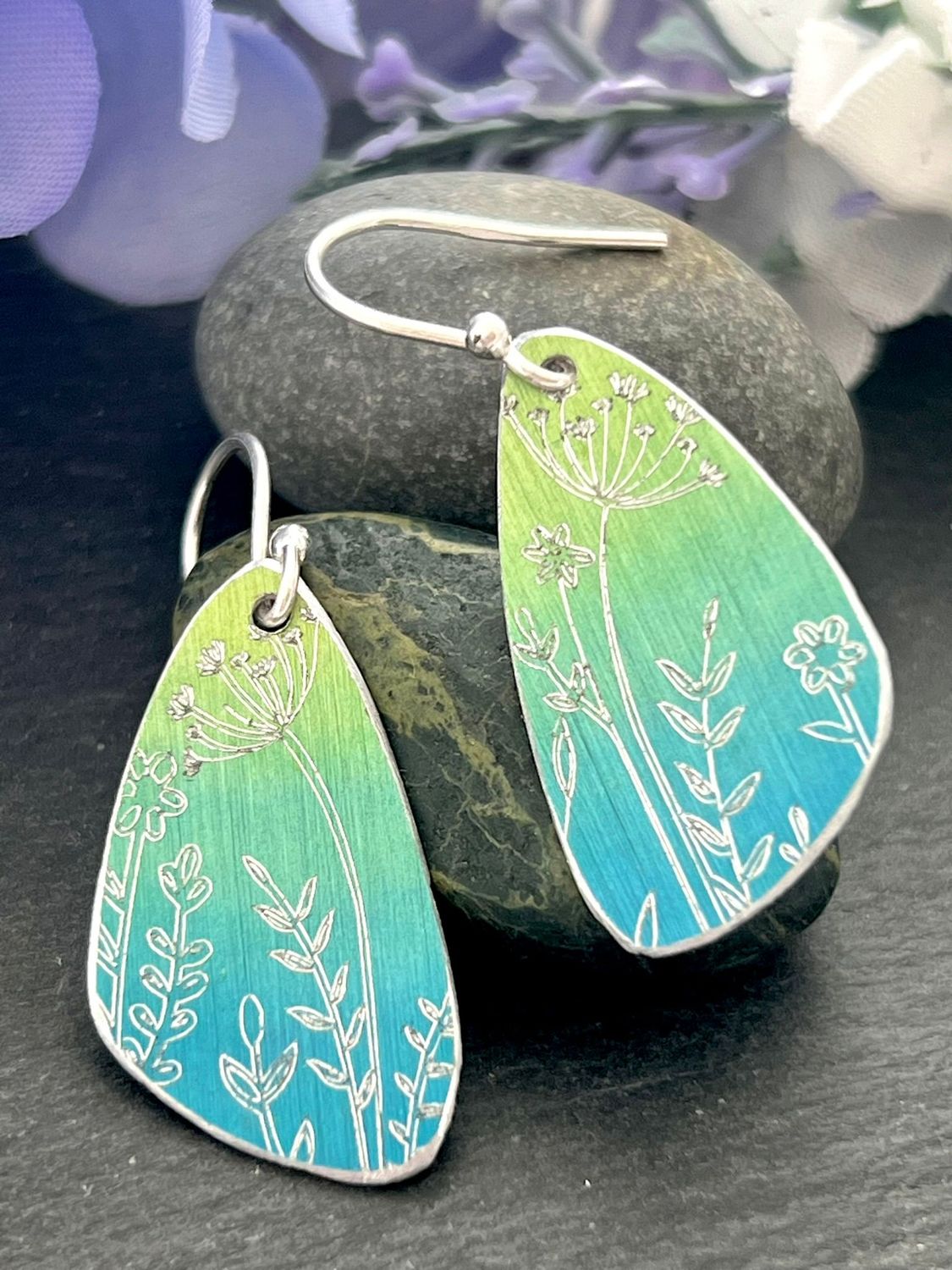 Engraved and Hand Painted Petal Drop Earrings - Turquoise and Apple Green