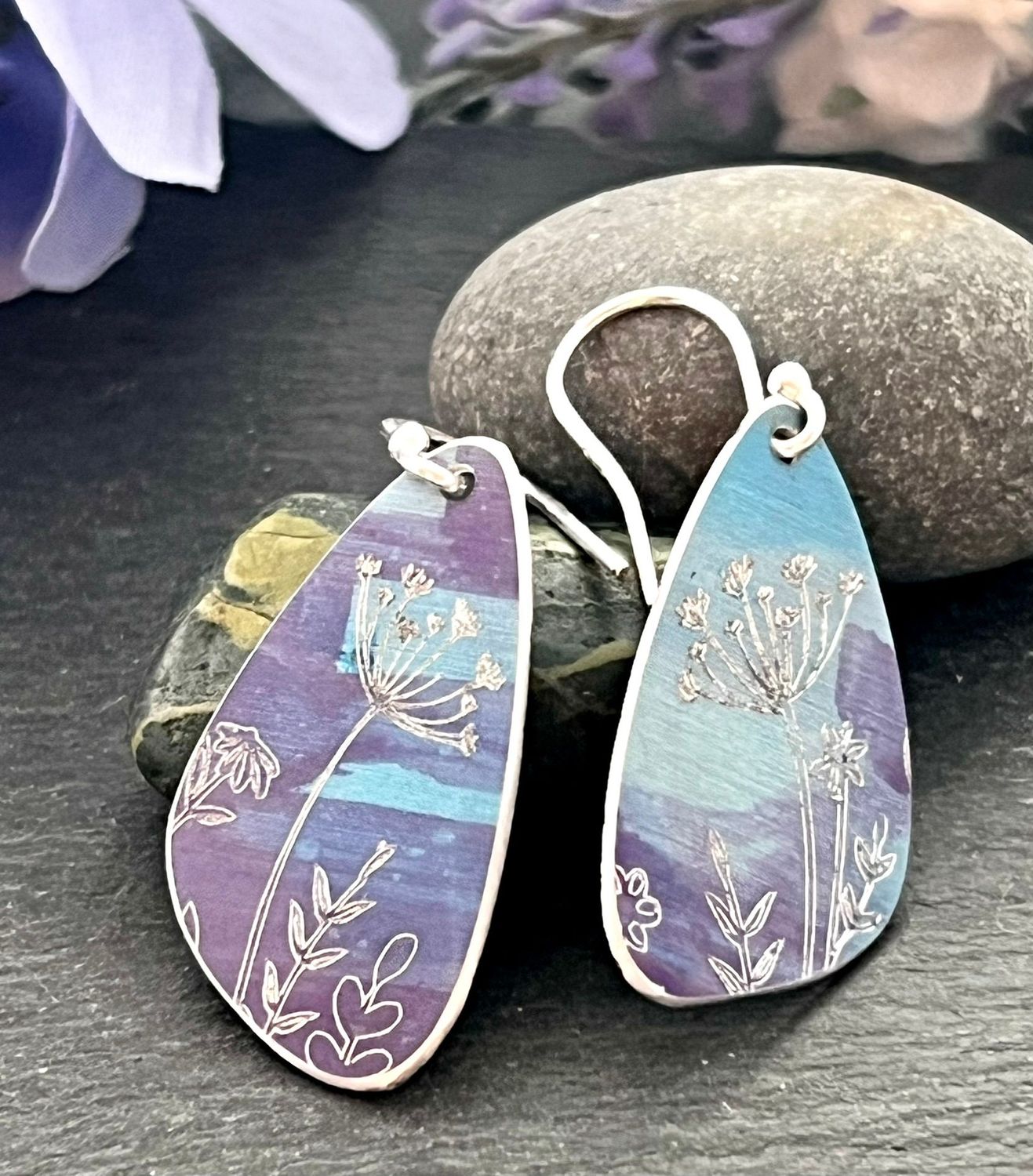 Hand Painted Petal Drop Earrings -  Sky Blue and Lilac