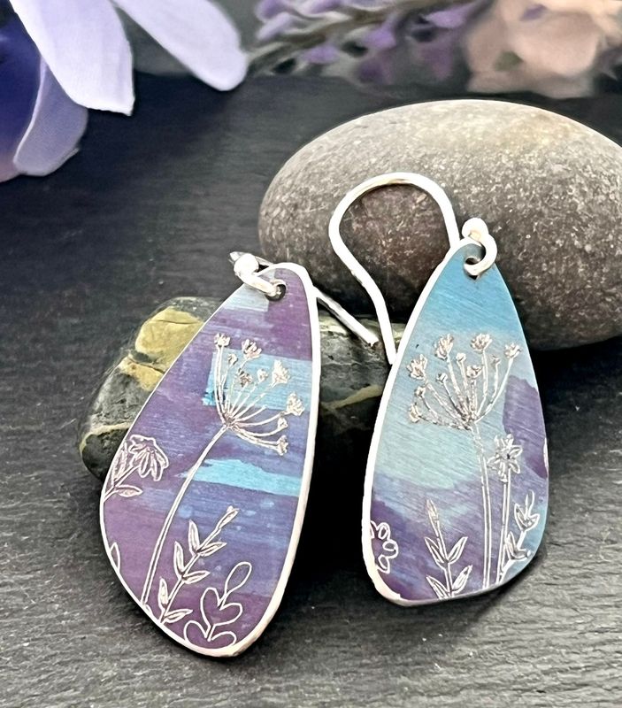 Hand Painted Petal Drop Earrings -  Sky Blue and Lilac