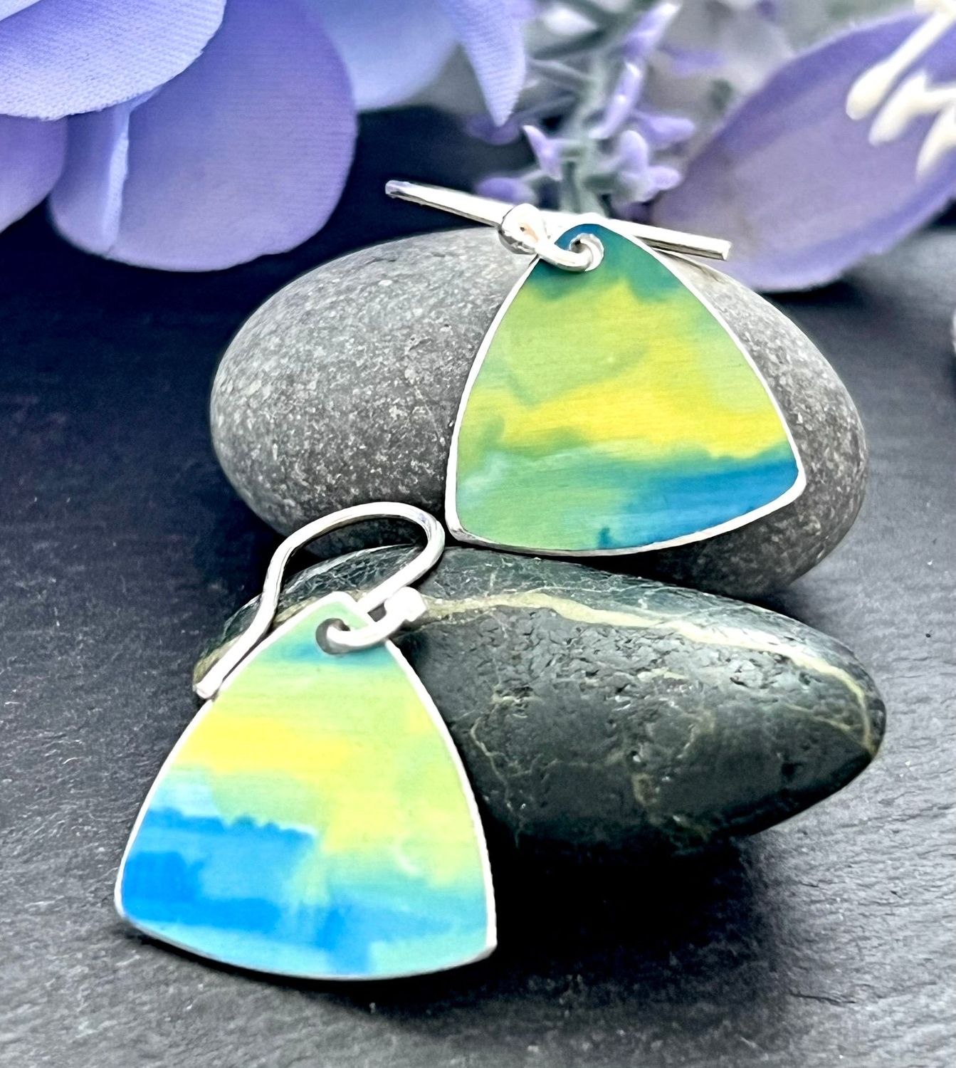 Printed Aluminium and sterling silver earrings - Lime and Blue triangles