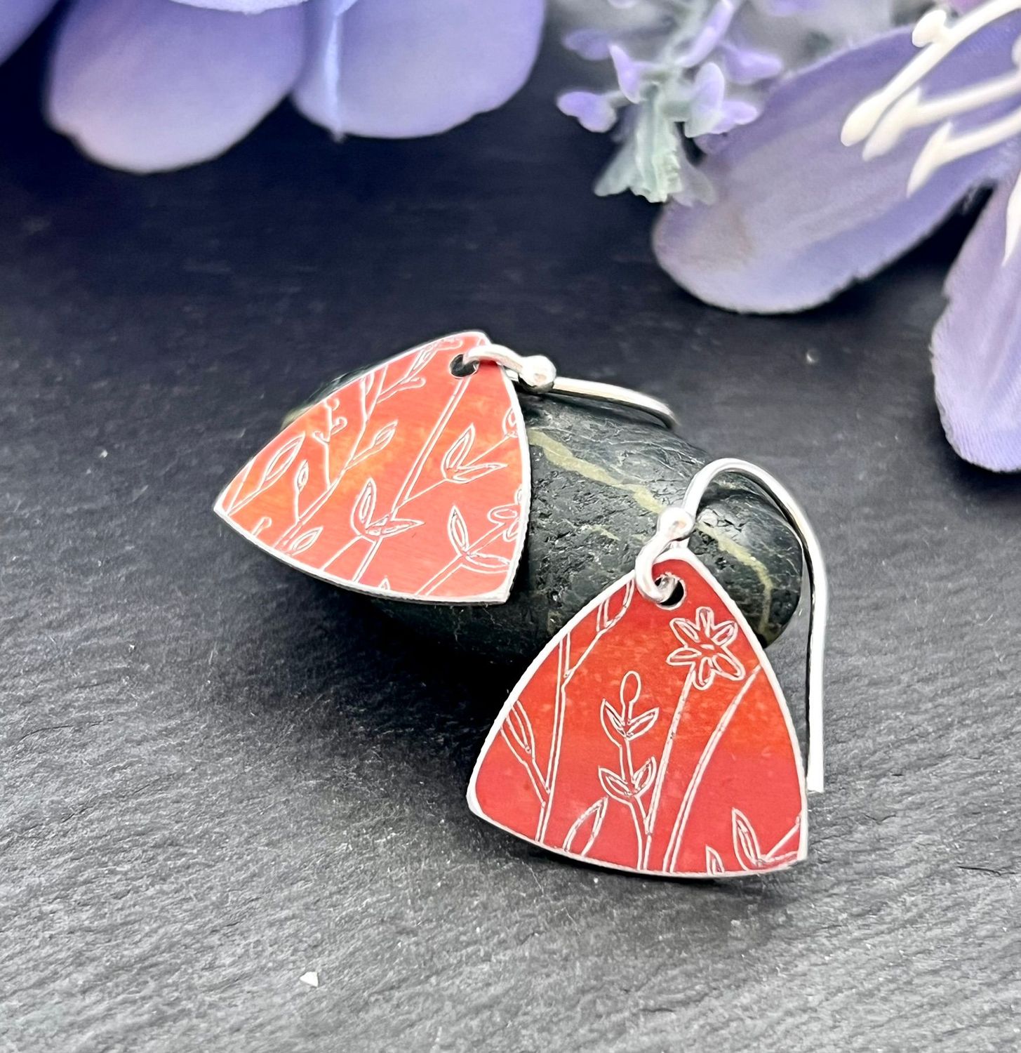 Printed Aluminium and sterling silver earrings - Orange with engraved design