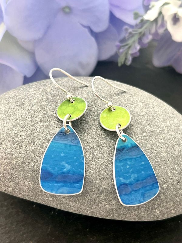 Printed Aluminium and sterling silver drop earrings -lime and blue