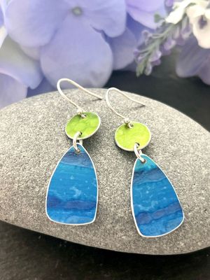 Printed Aluminium and sterling silver drop earrings -lime and blue