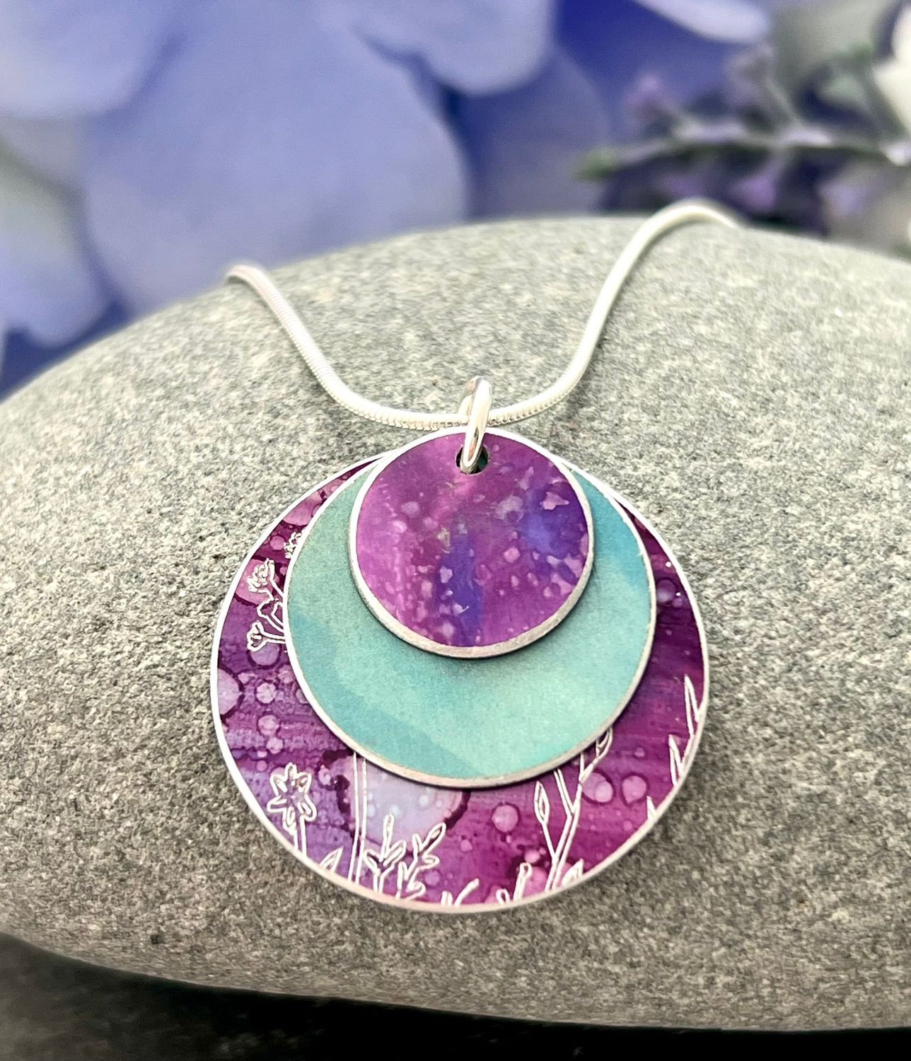 Engraved and Hand Painted Aluminium  Pendant-  Purple and Light Teal