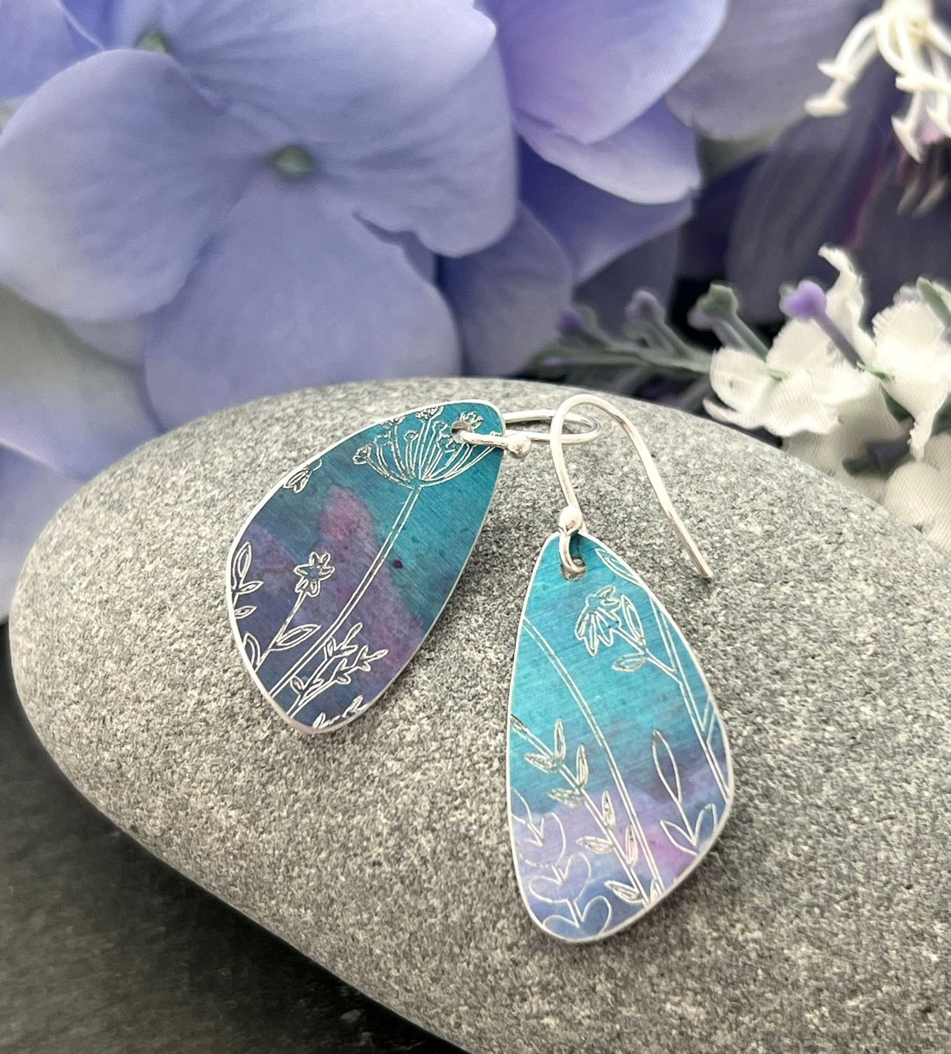 Hand Painted Petal Drop Earrings -  Sky Blue and Lilac