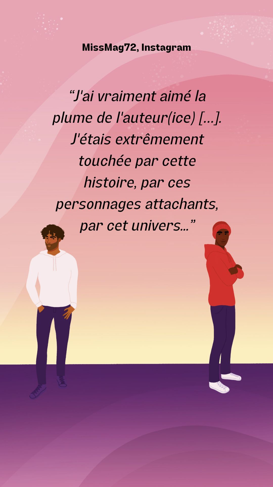 La couverture de J’ai essayé de ne pas t’aimer est dans des tons roses et violets. Le titre en cursive et en blanc occupe tout le haut du visuel sur 3 lignes. Se tournant le 2 deux jeunes hommes à gauche Liam, Argentin aux cheveux mi-courts et à la barbe rase en sweat blanc et jean. À droite, Liam, peau noire, bonnet rouge, sweat à capuche rouge et jean. Ils se tiennent devant une bouche de métro dont le nom est celui de l’auteurice Sasha Laguillon. En arrière-plan des immeubles Haussmanniens et des arbres. Au centre, la tour Eiffel.