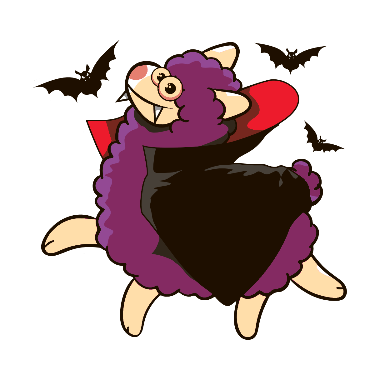 Barbouille le lama violet entouré de 3 chauves souris. Il porte une cape noire doublée de rouge à l'intérieur et deux dents pointues de vampire.