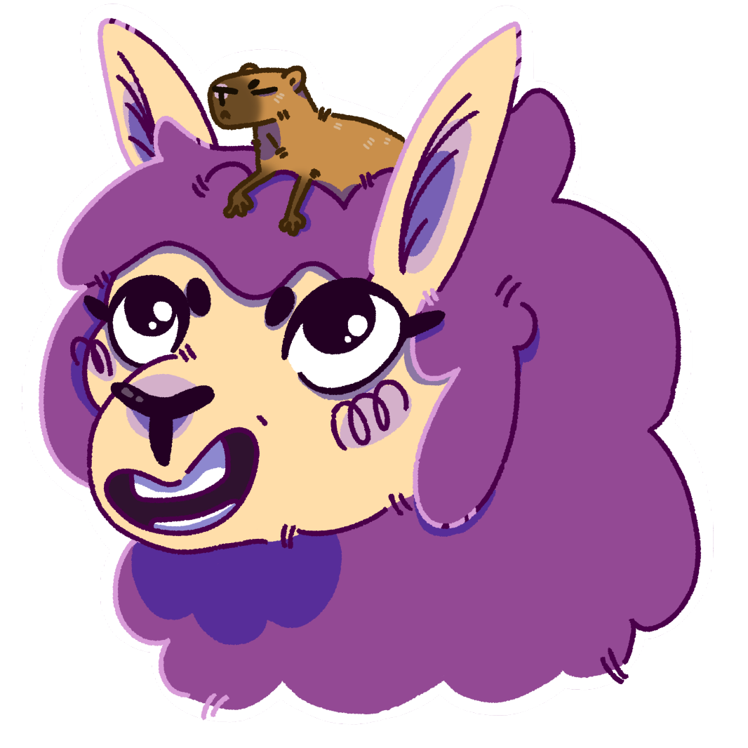 La tête de Barbouille, le lama à la laine violette. Il sourit et regarde vers le haut car un capybara se tient sur sa tête entre ses oreilles.