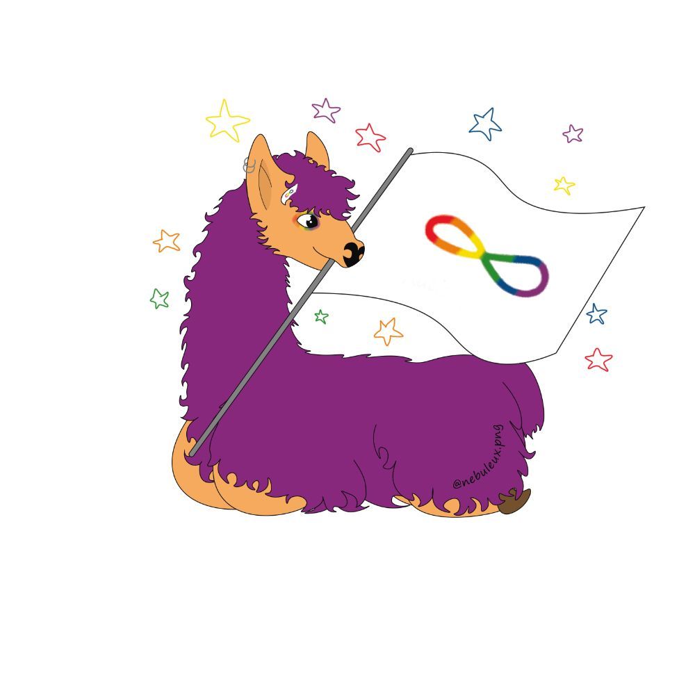 Barbouille le lama allongé tenant le drapeau neuroa dans sa bouche fond blanc et infini arc en ciel