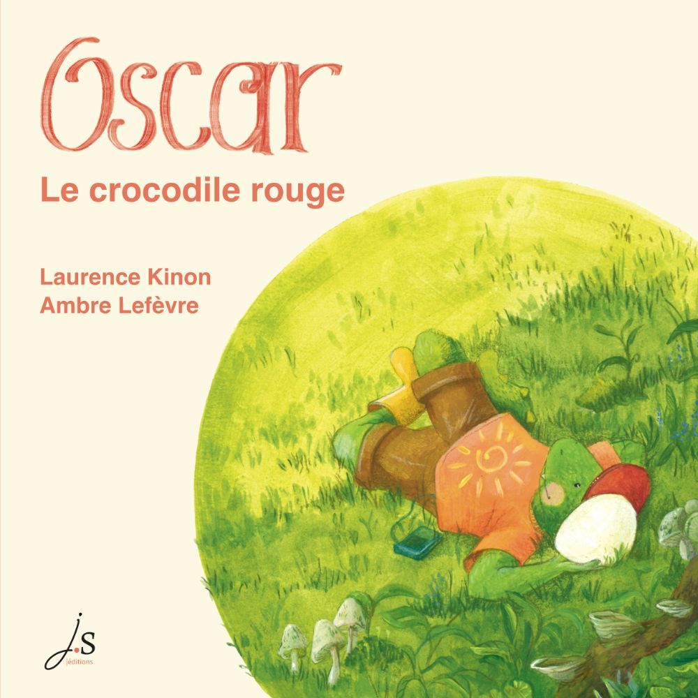 Couverture de l'album est au format carré sur un fond beige. Le titre et les autrices en rouge. Le croco allongé dans l'herbe