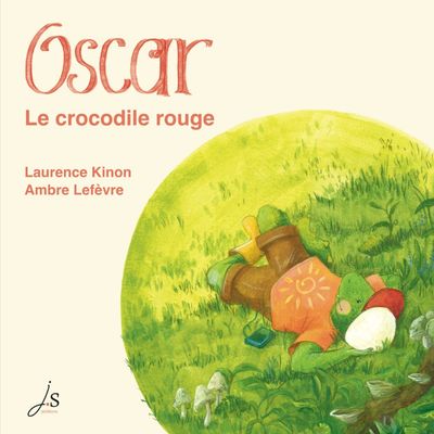 Couverture de l'album est au format carré sur un fond beige. Le titre et les autrices en rouge. Le croco allongé dans l'herbe