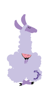 une lama violet pâle assis en tailleur et tenant dans ses pattes avant une tranche de pastèque