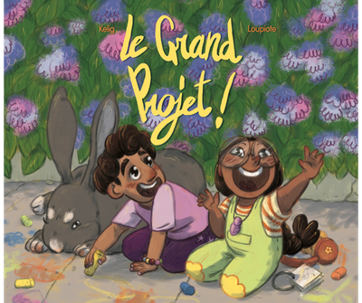 La couverture provisoire de l'album jeunesse Le grand projet point d'exclamation. Le titre est écrit sur 2 lignes en écriture cursive et en jaune.
L'illustration de la couverture montre deux jeunes enfants racisés : à gauche Nabil et à droite Léonie. Iels sont en train de dessiner à la craie colorée sur le sol. À côté d'elleux une lapine géante se repose. Iels sont devant une haie fleurie type azalée Léonie a une main levée. Elle porte des lunettes rondes et un collier à mâcher.