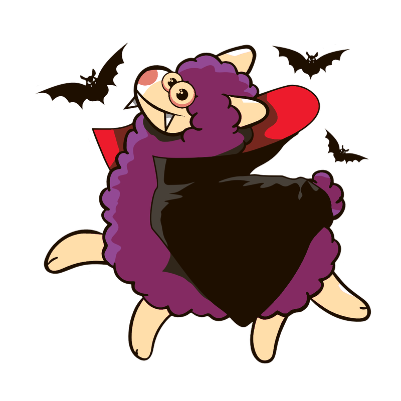 Barbouille le lama violet entouré de 3 chauves souris. Il porte une cape noire doublée de rouge à l'intérieur et deux dents pointues de vampire.